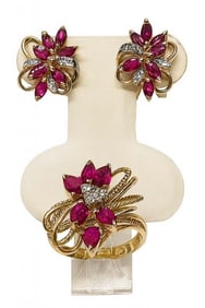 14KT YELLOW GOLD RUBY & DIAMOND RING & EARRING SET RING SIZE 5 APPROX.  7.3 DWT