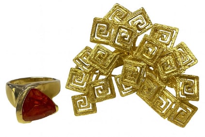 18KT GOLD PIN & ORANGE SAPPHIRE & 14KT GOLD RING SAPPHIRE APROX. 6+ CTS RING SIZE 6 & 4.3 DWT &