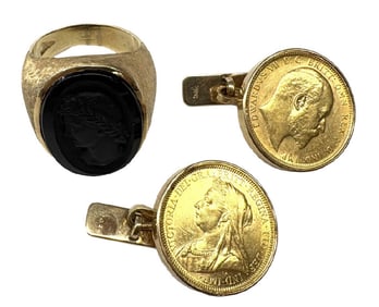 PR SOVEREIGN CUFF LINKS & 14KT MENS INTAGLIO RING APPROX. 29.3 DWT