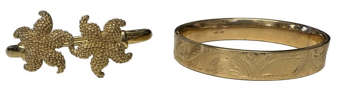 2 VINTAGE 14KT YELLOW GOLD BANGLE BRACELETS 1 STAR FISH & 1 ENGRAVED APPROX. 14.6 DWT