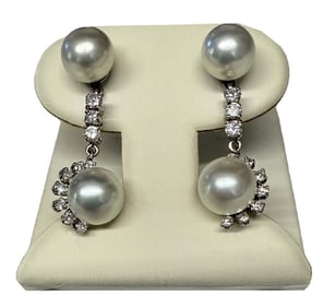 PEARL & DIAMOND DANGLE DROP EARRINGS IN 14KT GOLD 8MM PEARLS & APPROX. .65 DIAM TCW  1 1/8" LONG