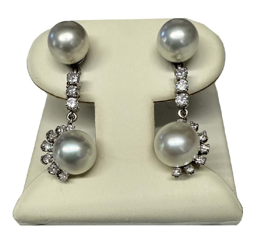PEARL & DIAMOND DANGLE DROP EARRINGS IN 14KT GOLD 8MM PEARLS & APPROX. .65 DIAM TCW 1 1/8" LONG (1 of 4)