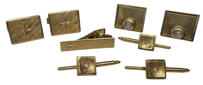 2 PAIR OF 14KT GOLD CUFF LINKS, 1 W/ DIAMONDS & TIE CLIP , ETC & 1 PR WITH MOON STONE ACCENTS 20.5