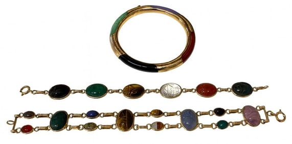 14KT GOLD & JADE BANGLE & 2 SCARAB BRACELETS 2-8" & 1 7 1/2"