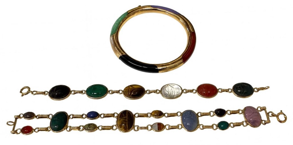 14KT GOLD & JADE BANGLE & 2 SCARAB BRACELETS 2-8" & 1 7 1/2" (1 of 8)
