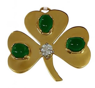 14KT CLOVER PIN / PENDANT W/ .45 DIAMOND & EMERALDS APPROX. 2 CTW EMERALDS  6.0 DWT
