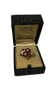 14KT YELLOW GOLD, DIAM & RUBY FLOWER & BOW RING RING SIZE APPROX. 5 1/2,  4.2 DWT