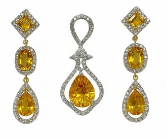14 KT GOLD , DIAMOND & CITRINE PENDANT & EARRING ENSEMBLE APPROX. 2.3 TCW CITRINE  3.7 DWT  EARRINGS