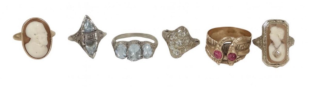 6 VINTAGE ANTIQUE RINGS, 4 WHITE GOLD FILIGREE & 2 YELLOW GOLD (1 of 8)