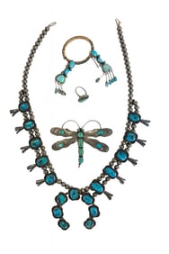 STERLING SILVER & TURQUOISE NAVAJO JEWELRY SGND DRAGON FLY PIN, SQUASH BLOSSOM, EARRINGS, RING, 6.4