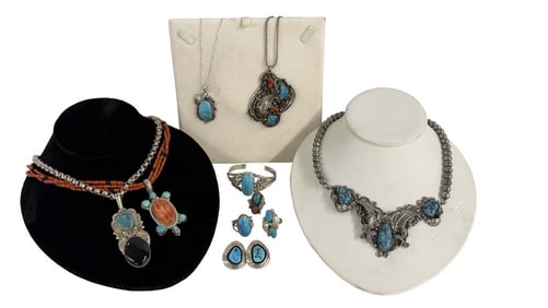 NAVAJO STERLING INC. SIMON YAZZIE, 5 PENDANTS, 3 RINGS, BRACELET, PR OF EARRINGS, TURQUOISE, CORAL,