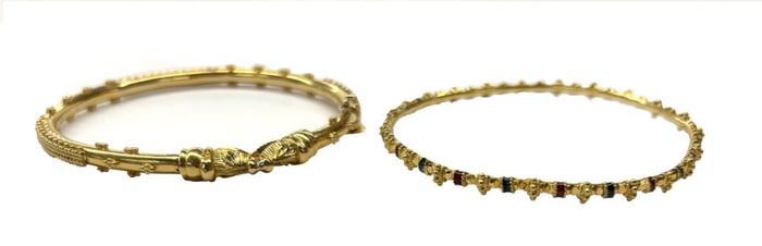 2- 22 KT YELLOW GOLD BANGLE BRACELETS, 1 W/ ENAMEL BOTH 8" DIAM APPROX. 20.6 DWT