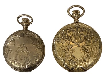 2- 14KT GOLD CLOSED CASE POCKET WATCHES, 1 1/2" D ELGIN & 1 1/4" DIAM WALTHAM, BOTH WORKING ORDER