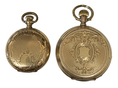 2- 14KT GOLD "AS IS" POCKET WATCHES, 1 KEY WIND & 1 WALTHAM, BOTH NOT WORKING BOTH APPROX. 15 DWT