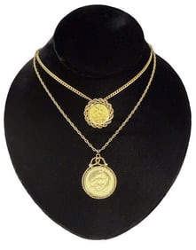 2 -14KT GOLD COIN PENDANTS ON CHAINS, $100 1975 BARBADOS 50% GOLD & 1915 AUSTRIAN 1 DUCAT 98 % GOLD