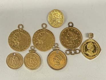 5 AMERICAN & 3 FOREIGN COIN PENDANTS, INC 3 -$2.50 AMERICAN GOLD  APPROX. 14.9 DWT