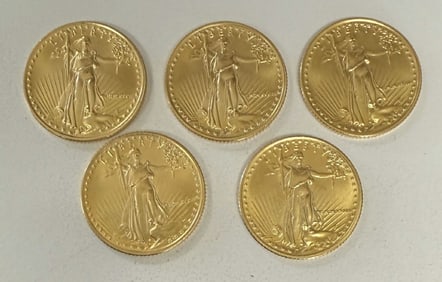 5 SAINT GAUDENS, 22 KT GOLD COINS, 5/10 OZ GOLD