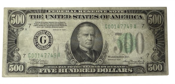 1934 - $500.00 FEDERAL RESERVE NOTE WITH MCKINLEY