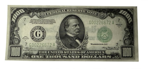 1934 $1,000.00 FEDERAL RESERVE NOTE W/ CLEVELAND