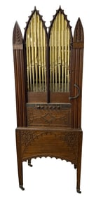 GOTHIC INSPIRED PARLOUR SIZED ROLLER ORGAN WITH 3 ROLLS, NEEDS ATTENTION 70 1/2" X 25 1/2" X 17"