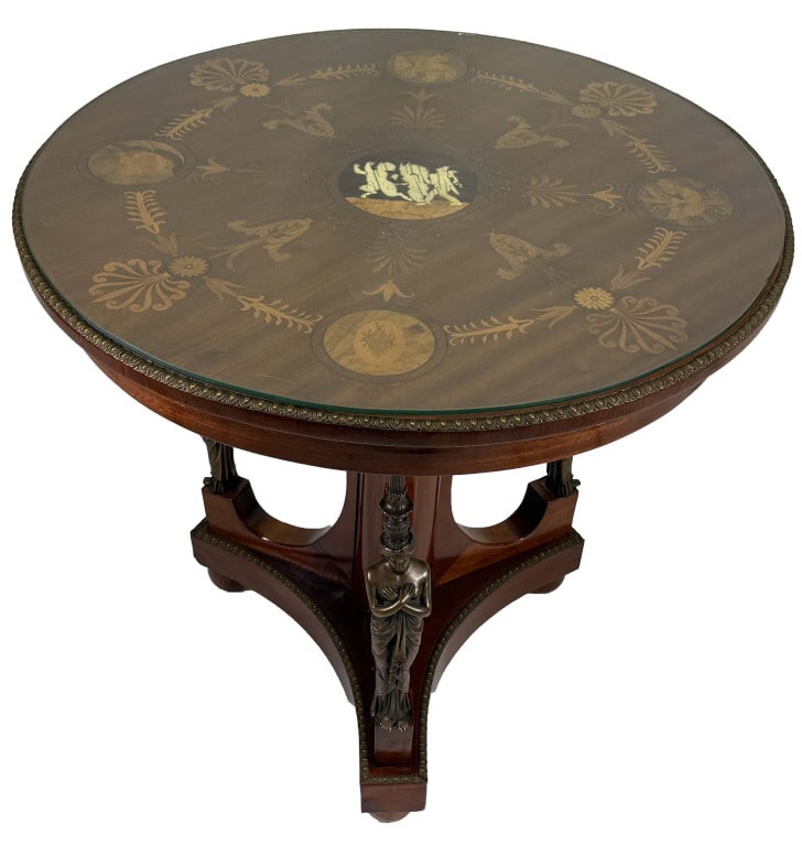 INLAID CENTER TABLE, CAST BRONZE FIGURAL SUPPORTS 29 1/2" X 31 1/4" (1 of 11)