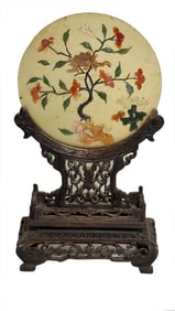 JADE PANEL WITH APPLIED SOAPSTONE & JADEITE TREE ON TEAKWOOD STAND 9 1/4" X 5" OVERALL