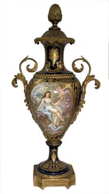 FRENCH HAND PAINTED URN W/ PINEAPPLE FINIAL 30" X 16"