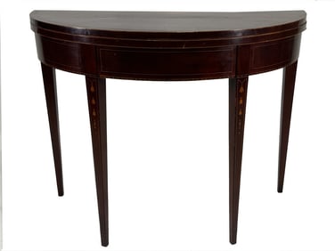 CHARLESTON SC EARLY FEDERAL DEMILUNE CARD TABLE DOUBLE SWING LEG WITH BELLFLOWER & PIE SPICE INLAY