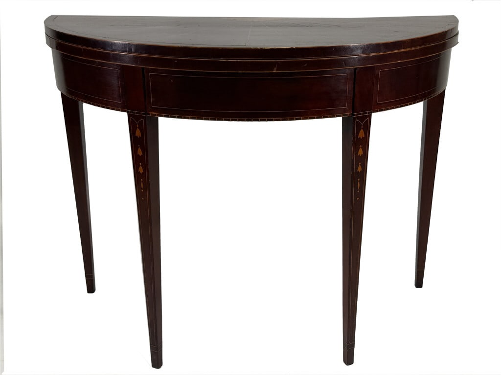 CHARLESTON SC EARLY FEDERAL DEMILUNE CARD TABLE DOUBLE SWING LEG WITH BELLFLOWER & PIE SPICE INLAY (1 of 11)