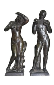 PAUL MANSHIP ADAM & EVE FIGURES, ROMAN BRONZE WORKS, ADAM W/ APPLE & EVE W/ SNAKE  7 1/2" TALL
