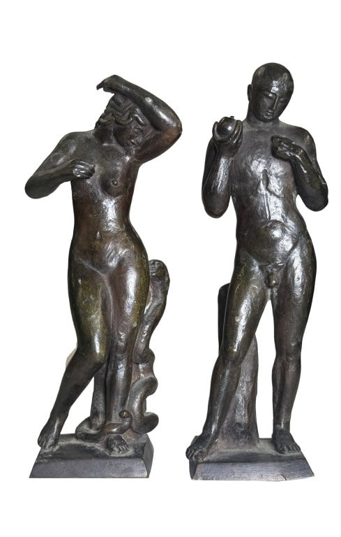 PAUL MANSHIP ADAM & EVE FIGURES, ROMAN BRONZE WORKS, ADAM W/ APPLE & EVE W/ SNAKE 7 1/2" TALL (1 of 10)