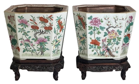 PR OF REPUBLIC PERIOD ROSE FAMILLE JARDINEERS W/ COPPER LINERS & CARVED TEAKWOOD STANDS 10 1/2" X 10