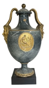 WEDGWOOD & BENTLEY PORPHYRY NEO CLASSICAL URN WITH ORMOLU MEDALLION, EARLY 19THC. RESTORED HANDLES