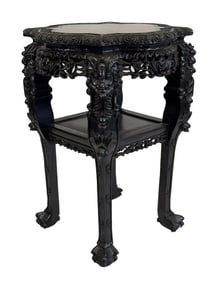 CARVED TEAKWOOD CHINESE TABLE W/ MARBLE INSET 32" TALL X 21 1/2" DIAM