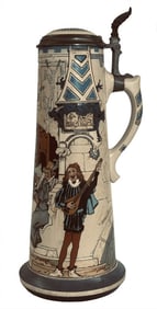METTLACH 3 LITER STEIN, SGND HEINRICH SCHLITT,1906 #2777 16 1/2" TALL