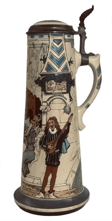 METTLACH 3 LITER STEIN, SGND HEINRICH SCHLITT,1906 #2777 16 1/2" TALL (1 of 7)