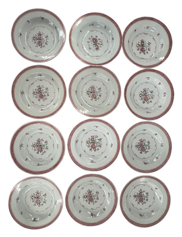 12- 18THC. CHINA TRADE PORCELAIN BOWLS, HAND PAINT USUAL MINOR EDGE FRITTING, 9" DIAM (1 of 5)