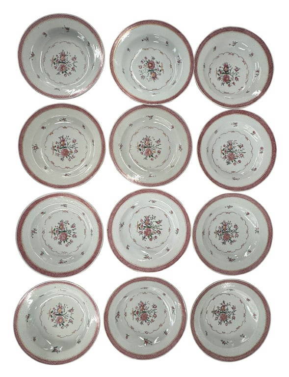 12- 18THC. CHINA TRADE PORCELAIN BOWLS, HAND PAINT USUAL MINOR EDGE FRITTING, 9\" DIAM