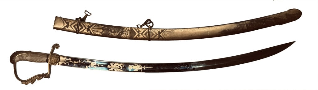 WAR OF 1812 SABER WITH FIRE GILDED GRIP & BLUED & GILT DECORATED BLADE W/ GILDED & ENGRAVED SCABBARD (1 of 9)