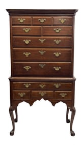 18THC. PA CHIPPENDALE WALNUT HIGHBOY, BALL & CLAW FEET & SHELL CARVED KNEES, ORIG BRASS,75 3/4"  X