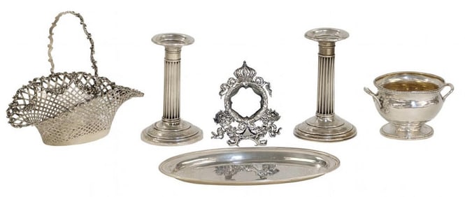 STERLING SILVER TABLE ARTICLES INC. BASKET, FRAME, CANDLE STICKS, TRAY, URN APPROX. 31.3 TROY OZ