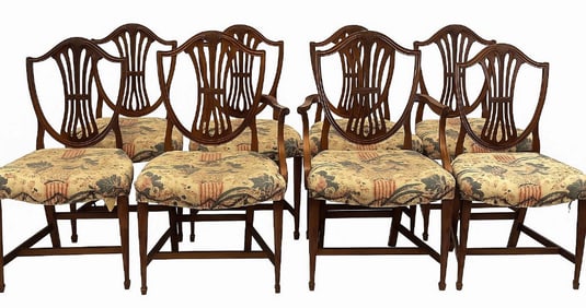 SET OF 8 HEPPLEWHITE SHIELD BACK DINING CHAIRS SHEAF OF WHEAT CARVING INC. 2 ARM CHAIRS- 39" X 25