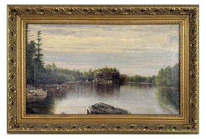 OIL/CANVAS N.A. MOORE "LAKE MOHONK"  1895 NELSON AUGUSTUS MOORE 1824 - 1902  14" X 24"