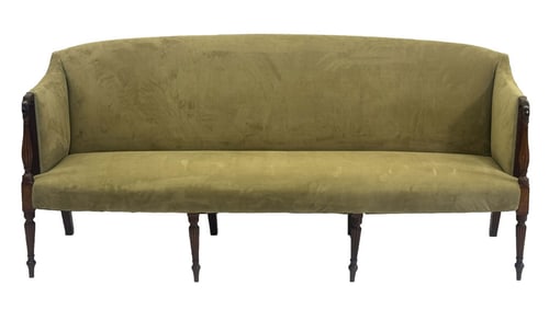 EARLY 19THC. BOSTON SHERATON DROP ARM SOFA W/ BIRCH PANEL INLAYS, STILL HAS MEDIAL STRETCHERS 36" X