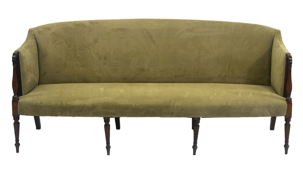 EARLY 19THC. BOSTON SHERATON DROP ARM SOFA W/ BIRCH PANEL INLAYS, STILL HAS MEDIAL STRETCHERS 36" X (1 of 7)