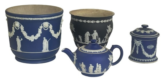 4 PCS. CLASSICAL JASPERWARE, 3  WEDGWOOD BLACK PCS WITH CHIP LARGEST 7 1/2' X 8"