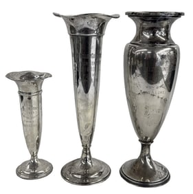 3 STERLING SILVER TROPHY VASES, TALLEST 16" 2 GORHAM & 1 BLACK STARR & FROST ,  ALL WEIGHTED