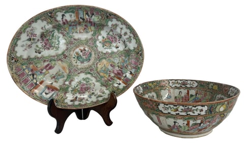 FINE ROSE MEDALLION 19THC. PUNCH BOWL & PLATTER BOWL 10 1/2"  & PLATTER 13"