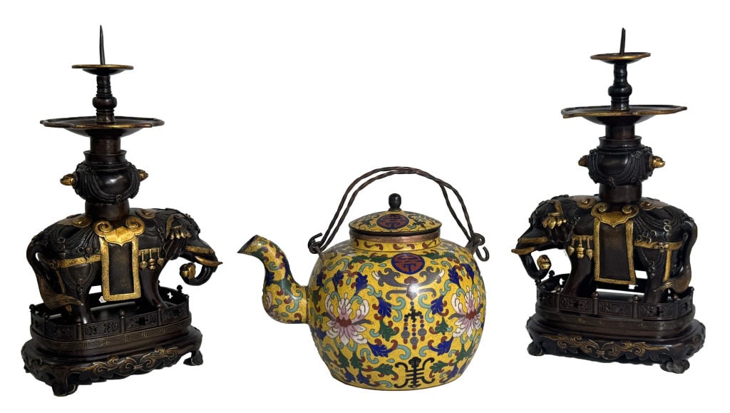 CHINESE BRONZE ELEPHANT PRICKET CANDLESTICK & YELLOW CLOISONNE TEAPOT PRICKET 10" TALL X 5" (1 of 6)