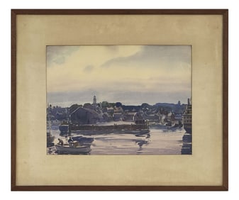 WATERCOLOR EDGAR W. JENNY "PANORAMA OF NANTUCKET (1869 - 1939)  EXHIBITION TAG FROM THE MET  15" X